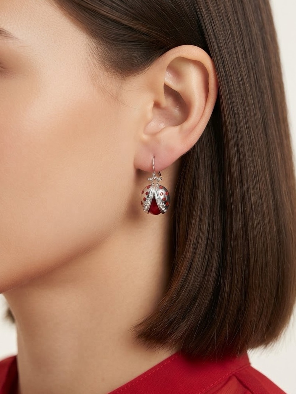 Ladybug Dangle Earrings | Red Enamel Crystal Drop Earrings